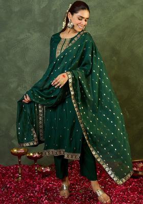Green Woven Design Silk Blend Kurta Set