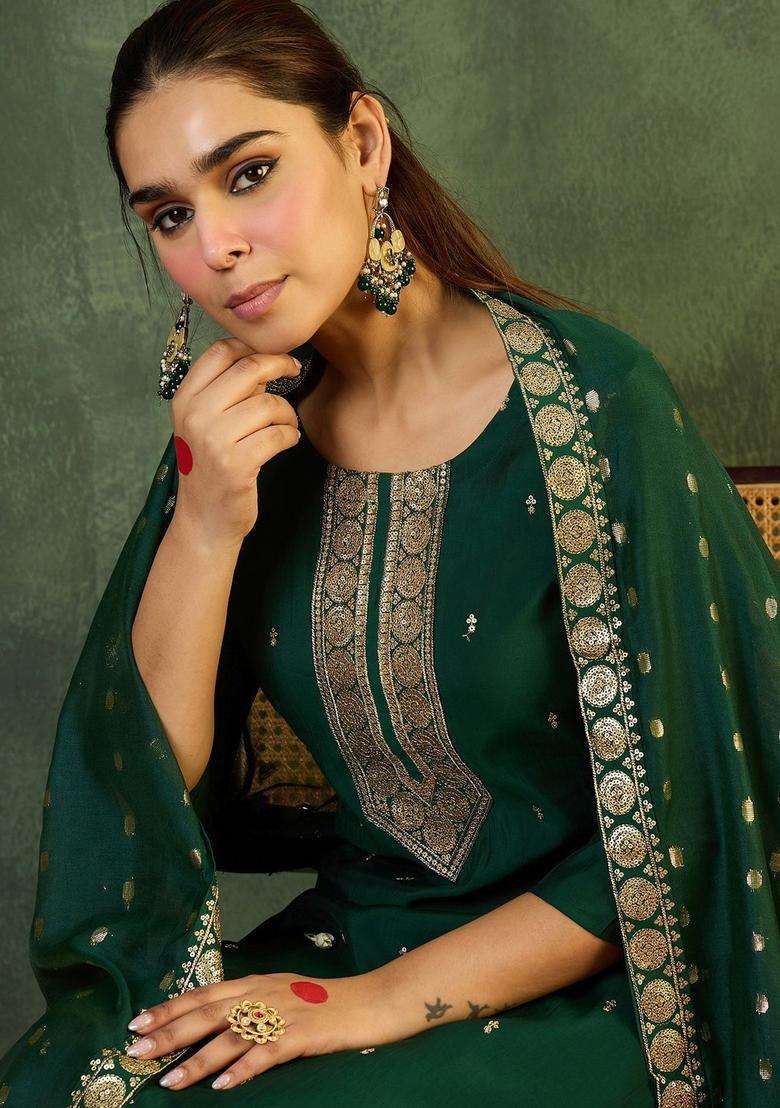 Green Woven Design Silk Blend Kurta Set - Indya