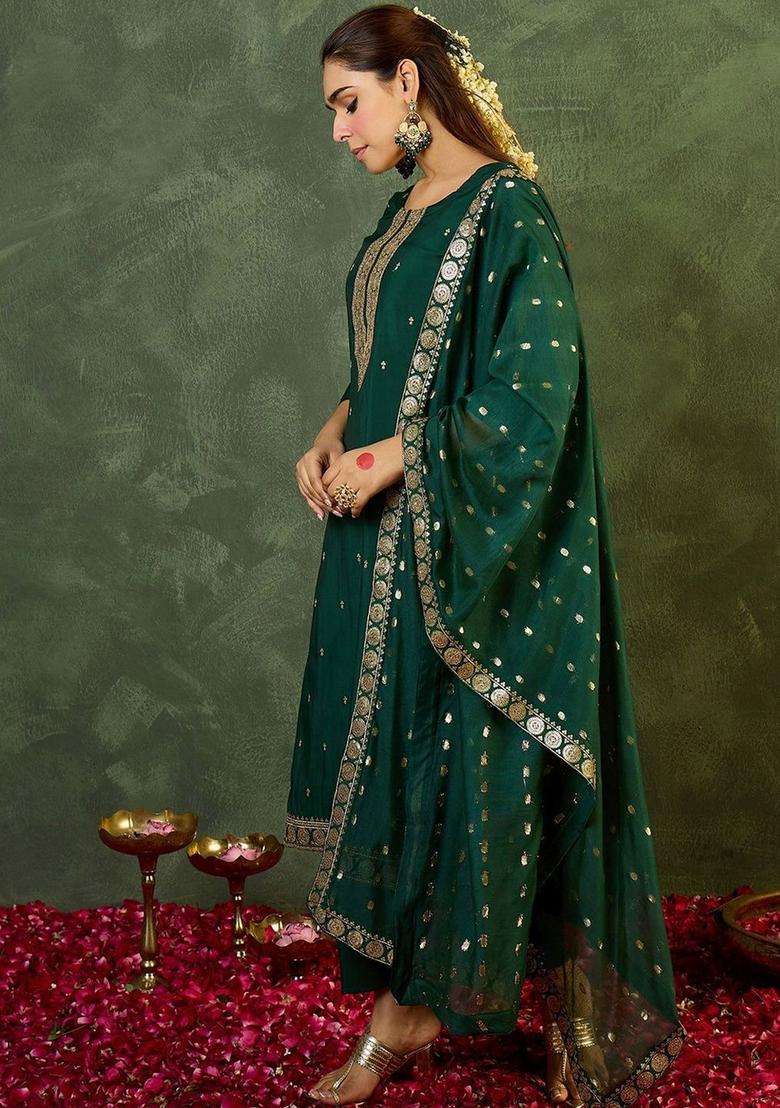 Green Woven Design Silk Blend Kurta Set - Indya