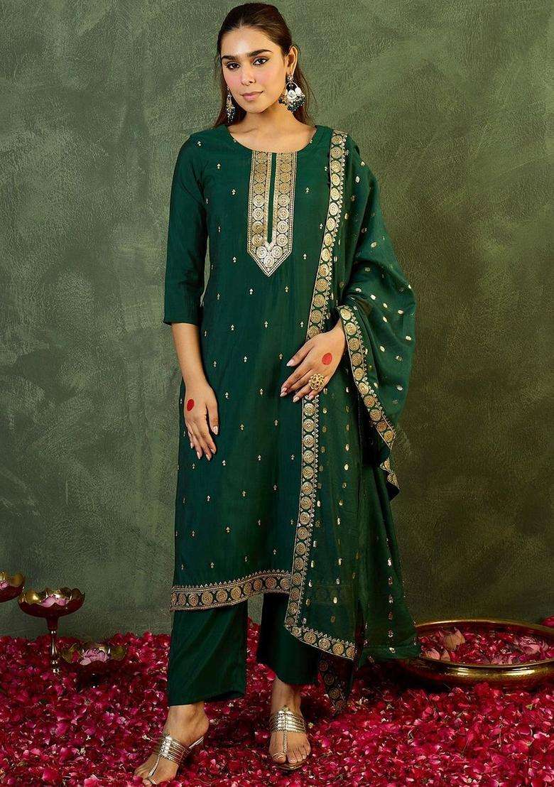 Green Woven Design Silk Blend Kurta Set - Indya