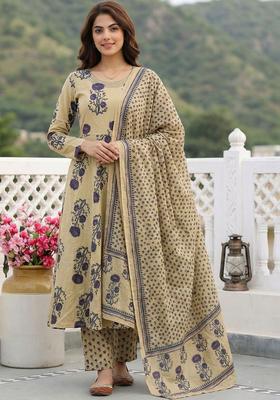 Beige Printed Cotton Kurta Set