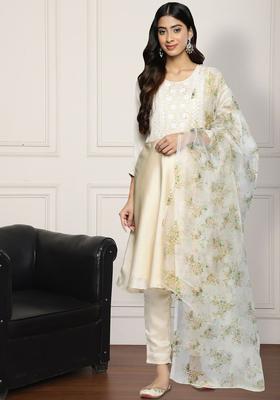 Beige Embroidered Silk Blend Anarkali Set