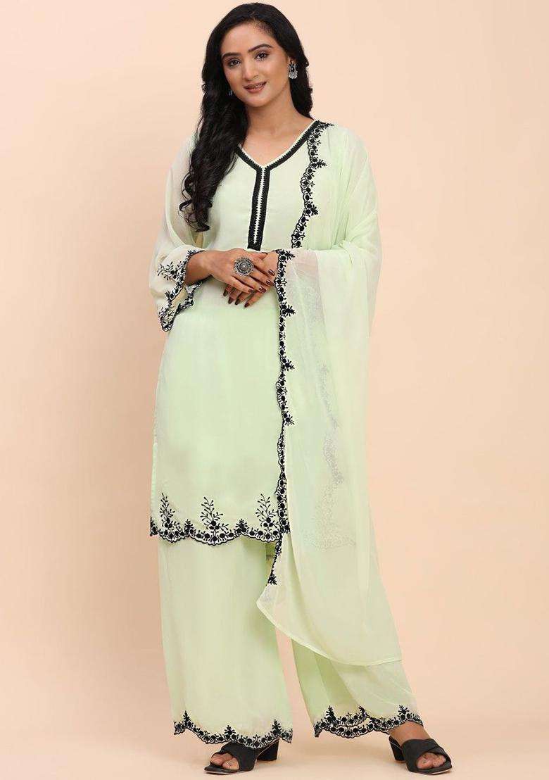 Lime Green Embroidered Georgette Kurta Set - Indya