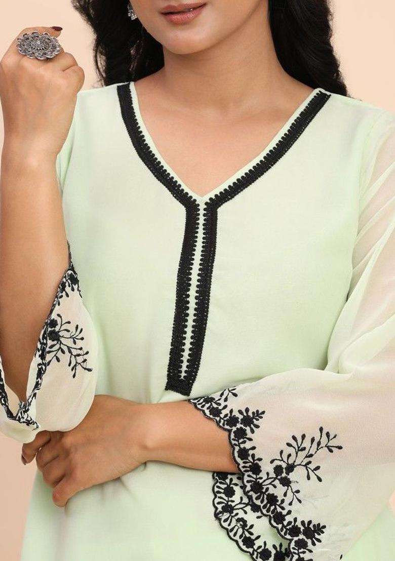 Lime Green Embroidered Georgette Kurta Set - Indya