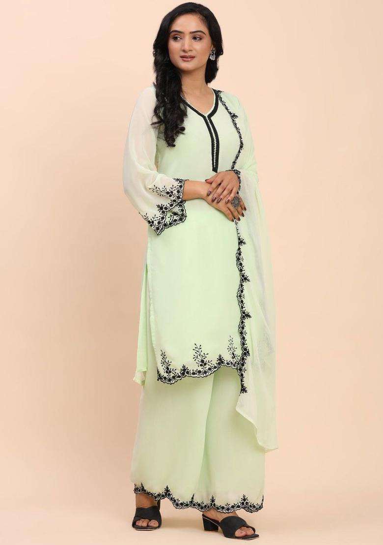Lime Green Embroidered Georgette Kurta Set - Indya