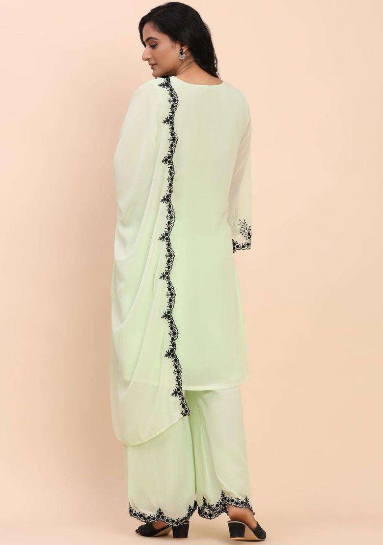 Lime Green Embroidered Georgette Kurta Set - Indya