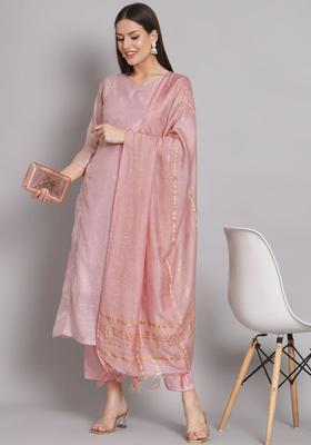 Pink Woven Design Silk Blend Kurta Set