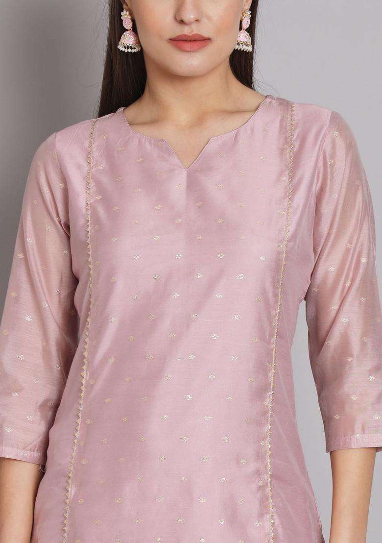 Pink Woven Design Silk Blend Kurta Set - Indya