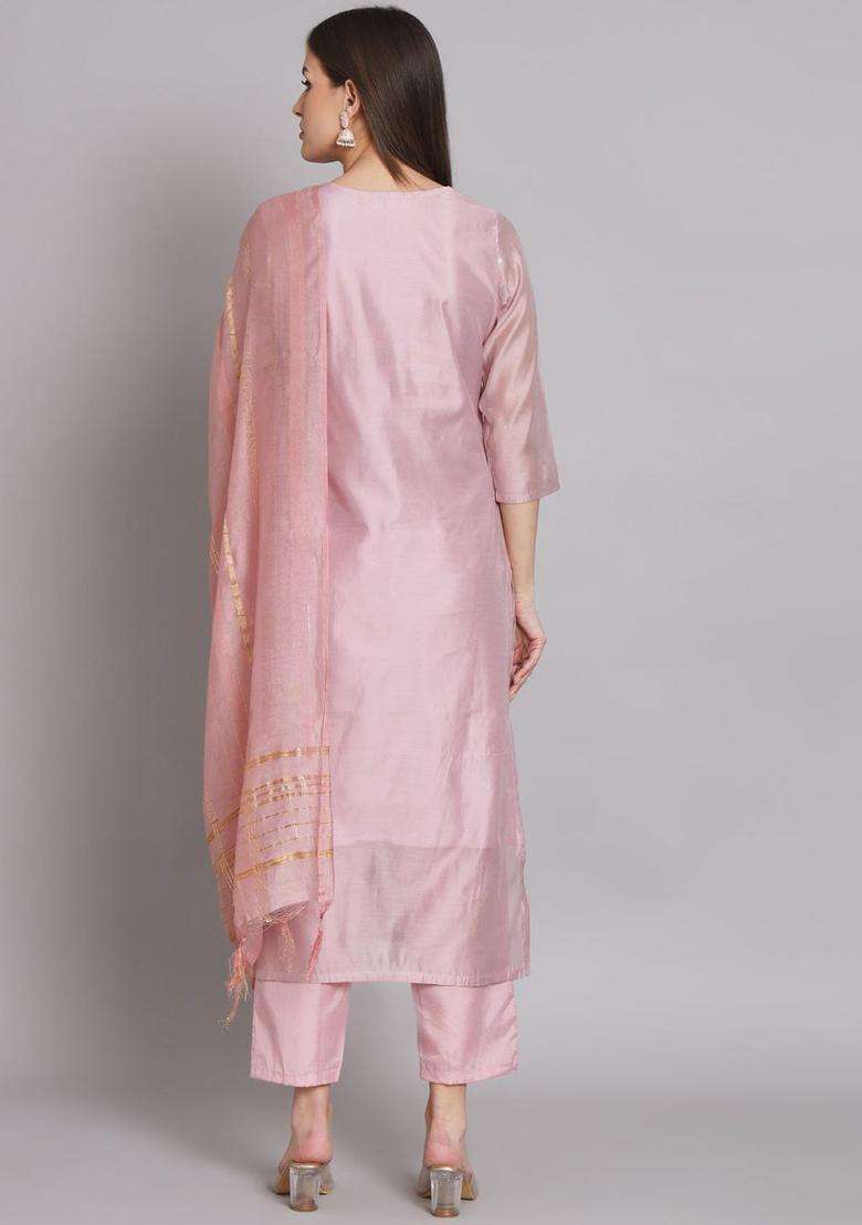 Pink Woven Design Silk Blend Kurta Set - Indya