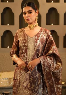 Brown Woven Design Silk Blend Kurta Set