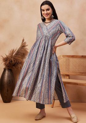 Grey Printed Silk Kurta Set