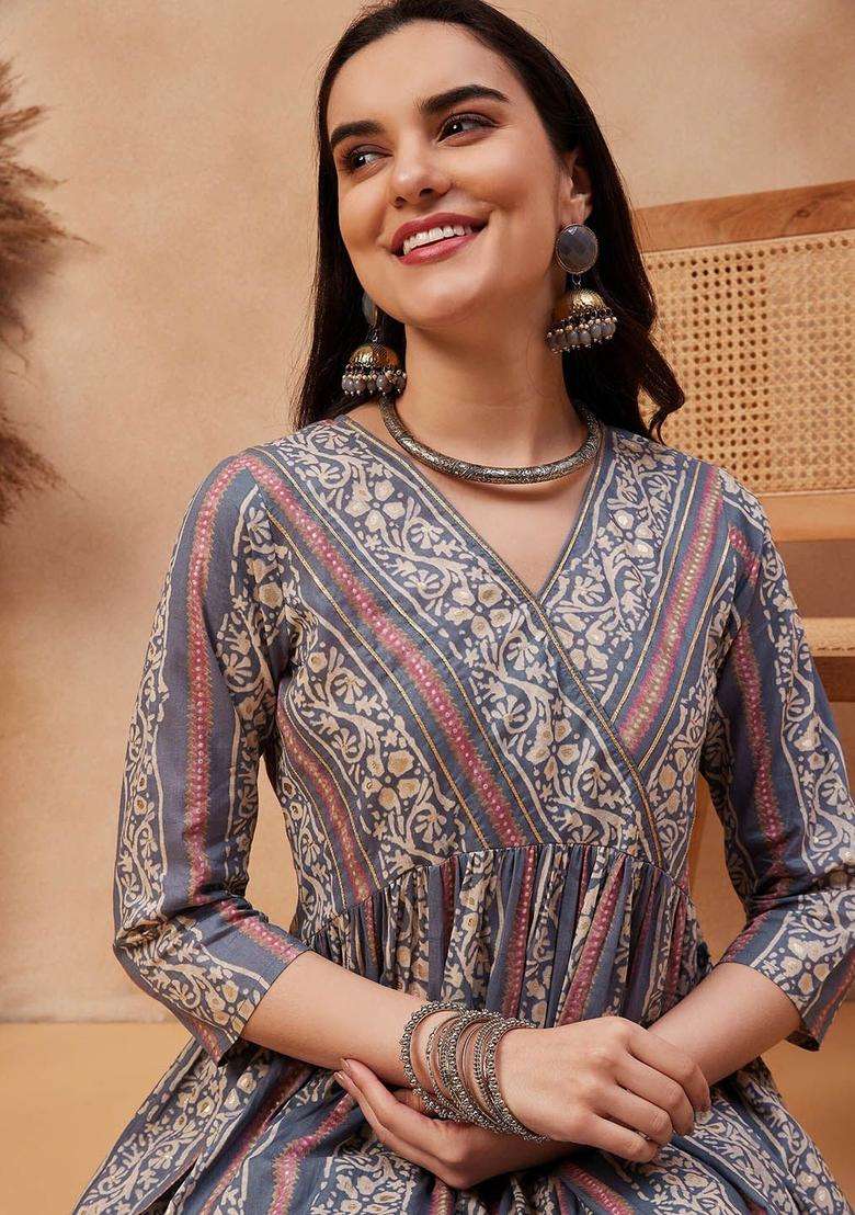 Grey Printed Silk Blend Kurta Set - Indya