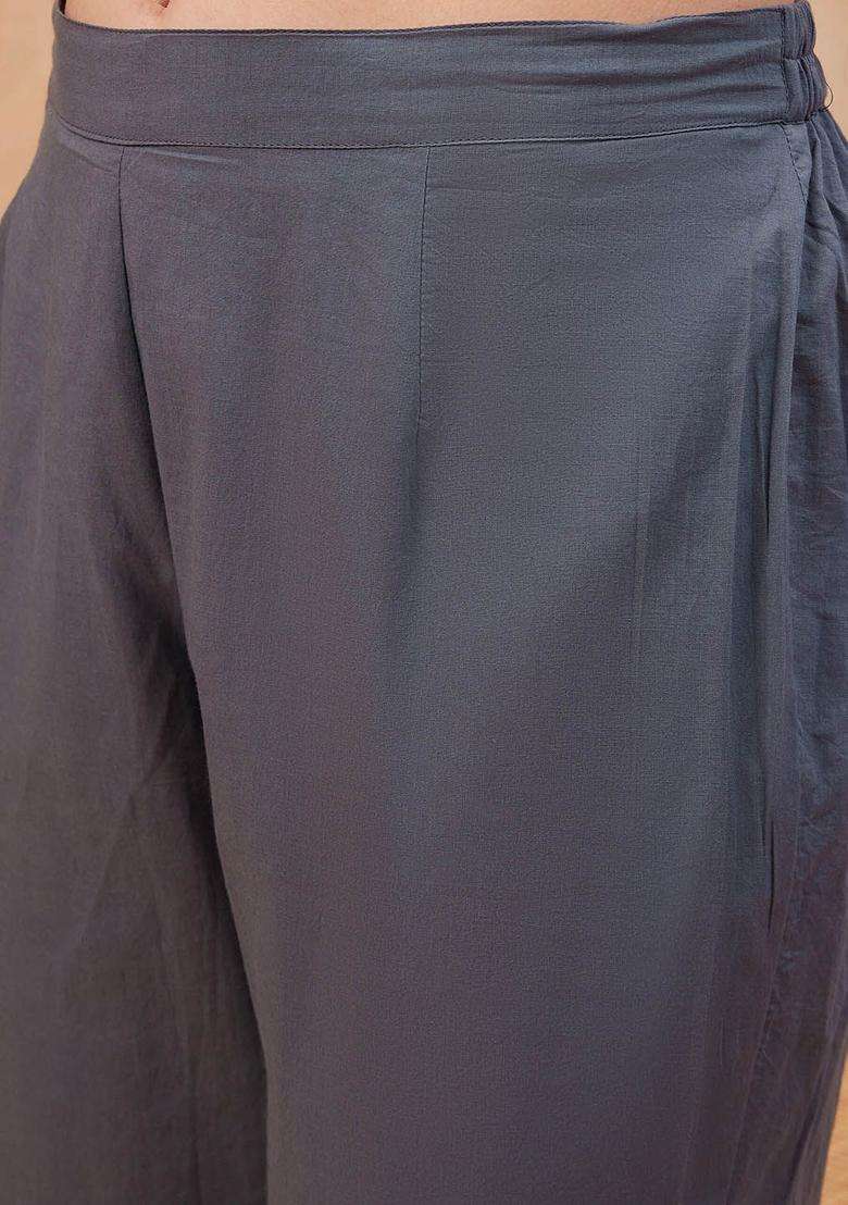 Grey Printed Silk Blend Kurta Set - Indya