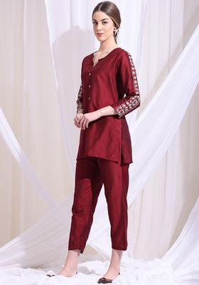 Maroon Solid Silk Kurta Set