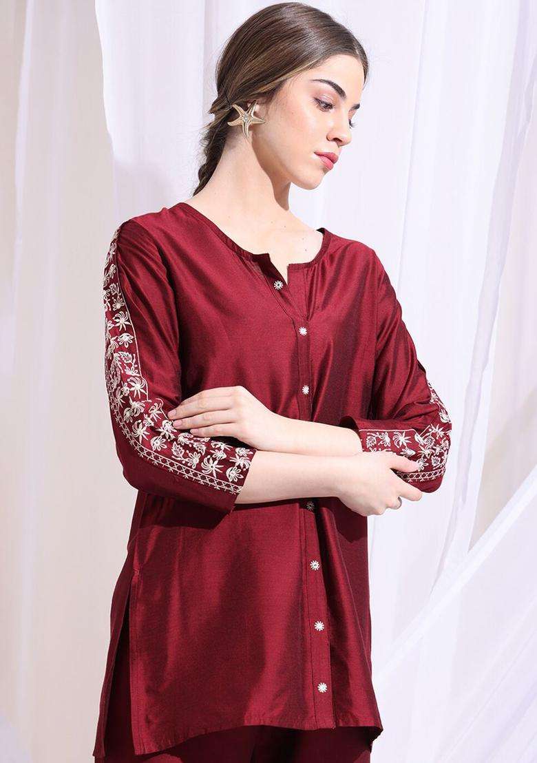 Maroon Solid Silk Kurta Set - Indya