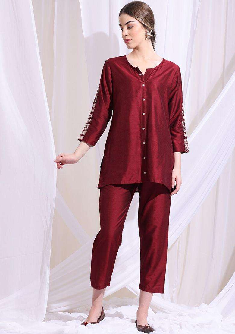 Maroon Solid Silk Kurta Set - Indya