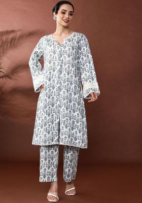 White Printed Viscose Kurta Set