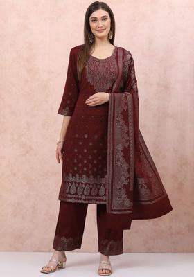 Maroon Woven Design Viscose Kurta Set