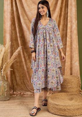 Grey Printed Cotton Anarkali Set