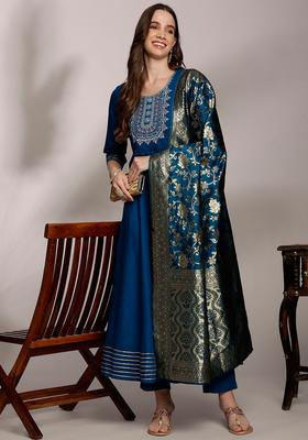 Teal Embroidered Viscose Kurta Set