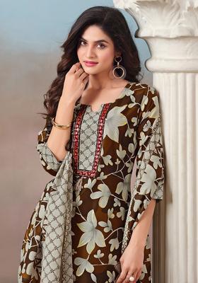 Brown Printed Cotton Kurta Set