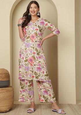 White Printed Viscose Kurta Set