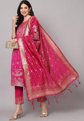 Pink Woven Design Cotton Kurta Set