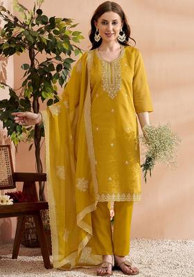 Yellow Embroidered Chanderi Kurta Set