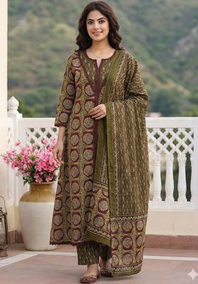 Olive Printed Cotton Kurta Set
