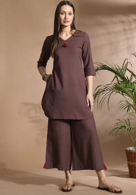 Brown Solid Cotton Kurta Set