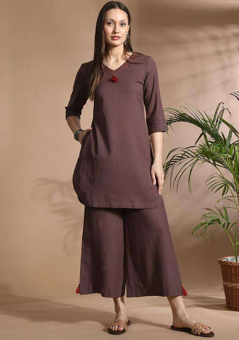 Brown Solid Cotton Kurta Set - Indya