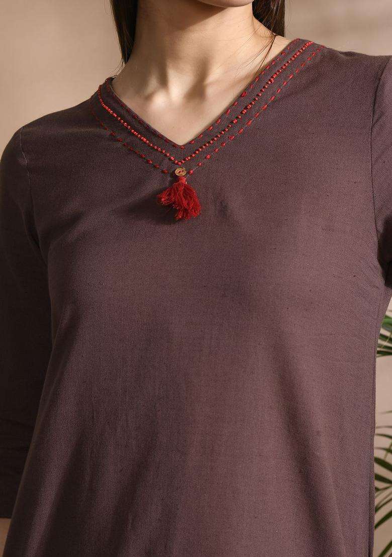 Brown Solid Cotton Kurta Set - Indya
