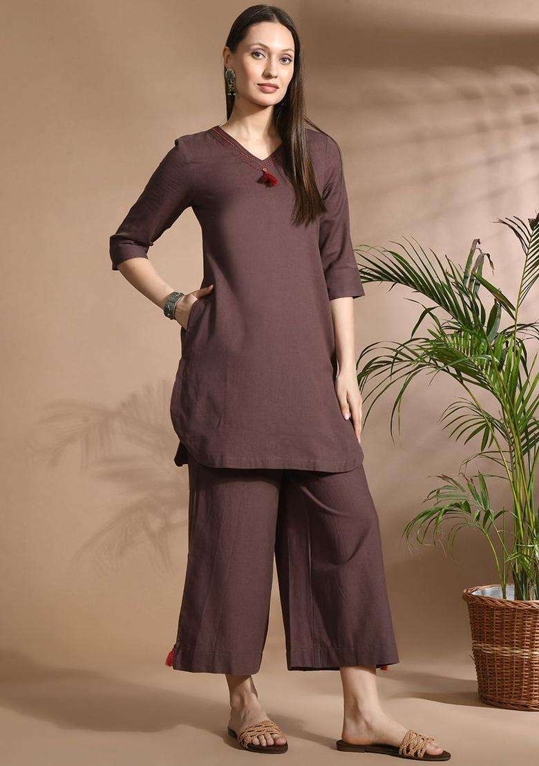 Brown Solid Cotton Kurta Set - Indya