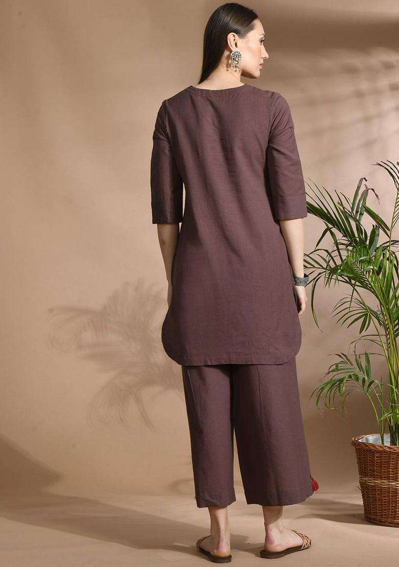 Brown Solid Cotton Kurta Set - Indya