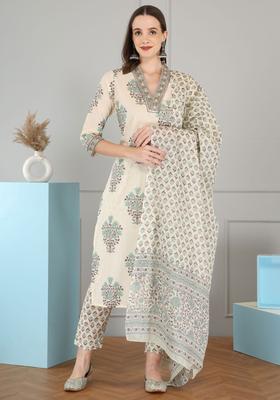 Beige Printed Cotton Kurta Set