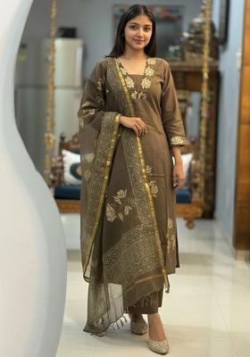 Brown Printed Viscose Kurta Set