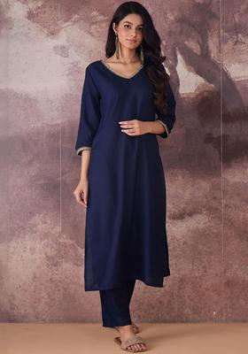 Navy Blue Solid Cotton Kurta Set