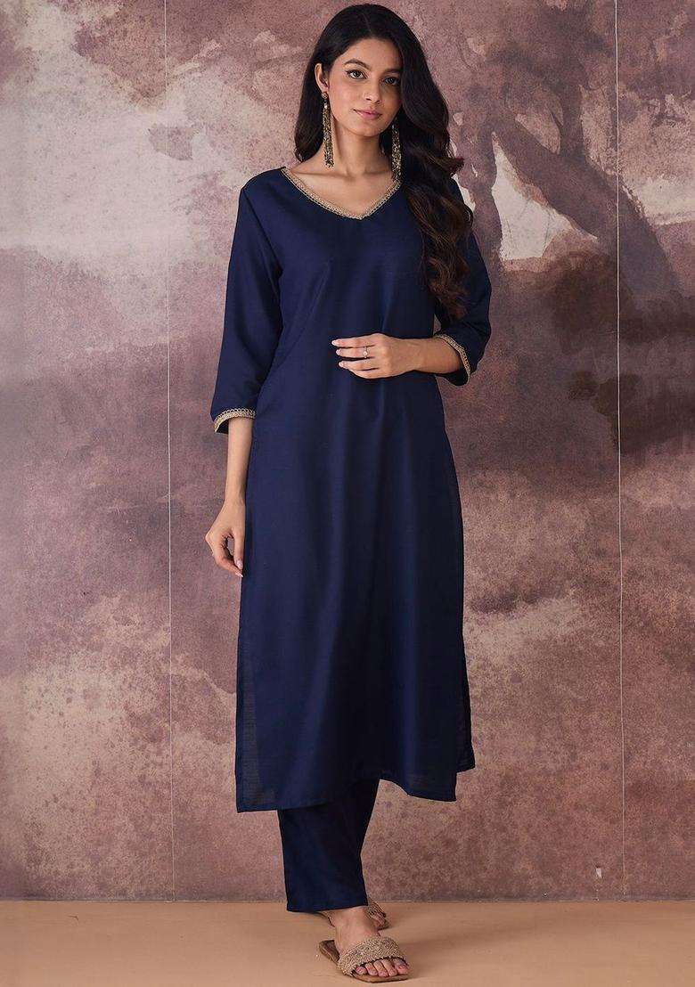 Navy Blue Solid Cotton Kurta Set - Indya