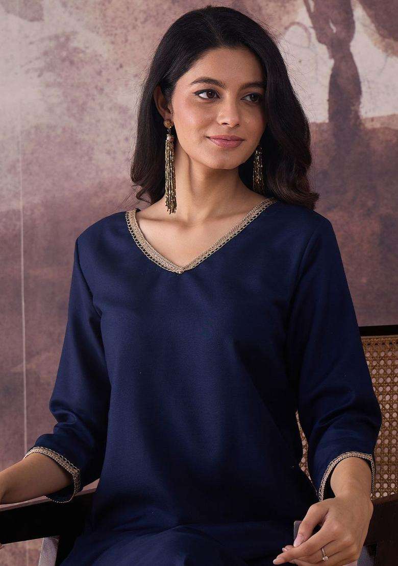 Navy Blue Solid Cotton Kurta Set - Indya