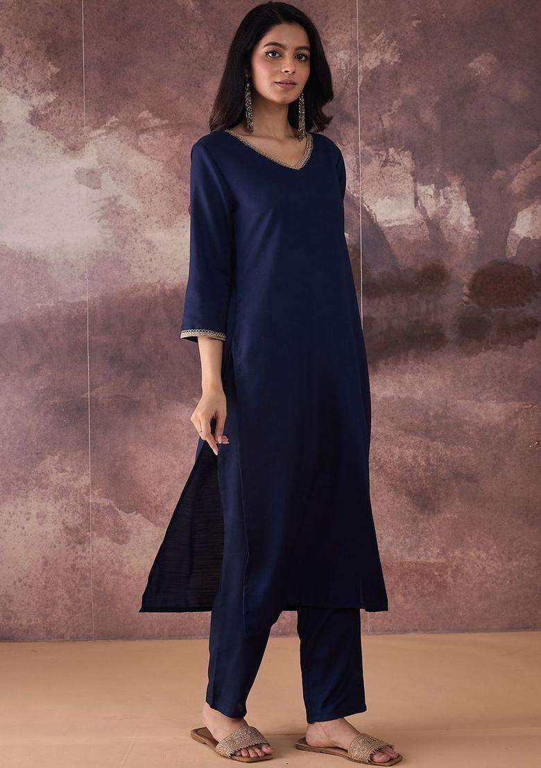 Navy Blue Solid Cotton Kurta Set - Indya