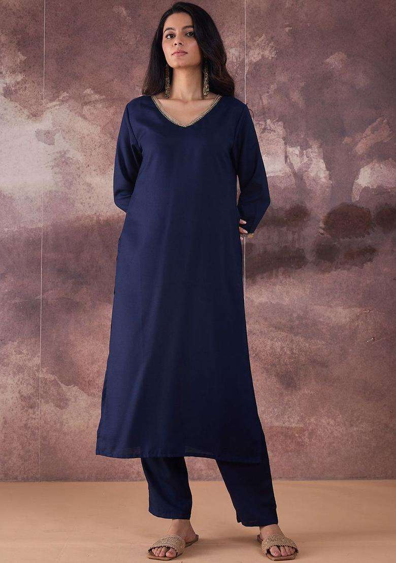 Navy Blue Solid Cotton Kurta Set - Indya