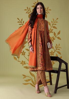Rust Printed Polyester Kurta Set