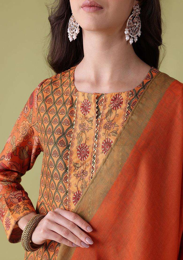 Rust Printed Polyester Kurta Set - Indya