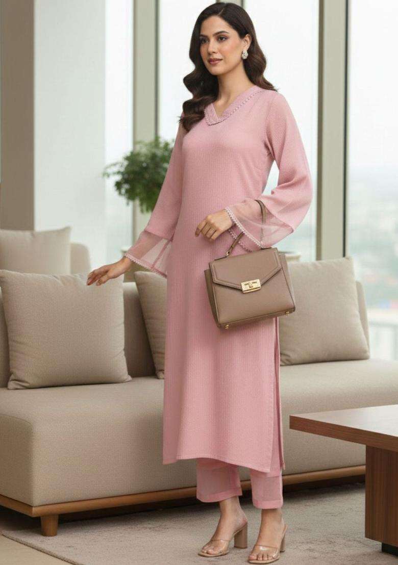 Pink Solid Silk Blend Kurta Set - Indya