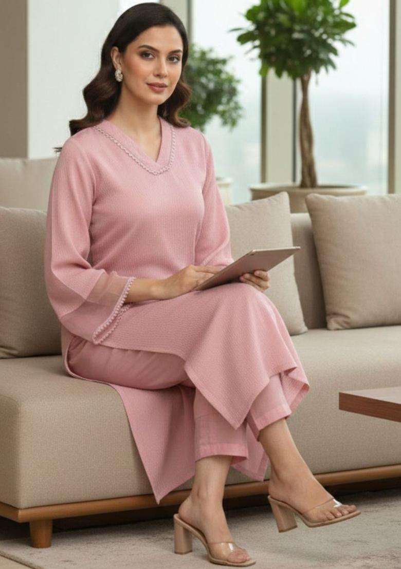 Pink Solid Silk Blend Kurta Set - Indya