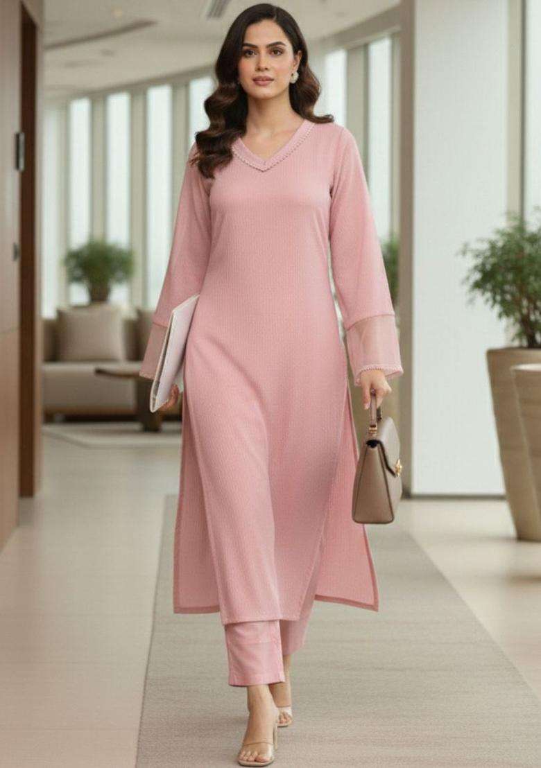 Pink Solid Silk Blend Kurta Set - Indya