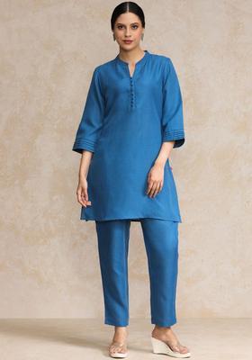 Blue Solid Cotton Kurta Set