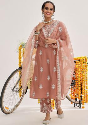 Peach Embroidered Cotton Kurta Set