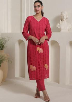Pink Self Design Cotton Kurta Set