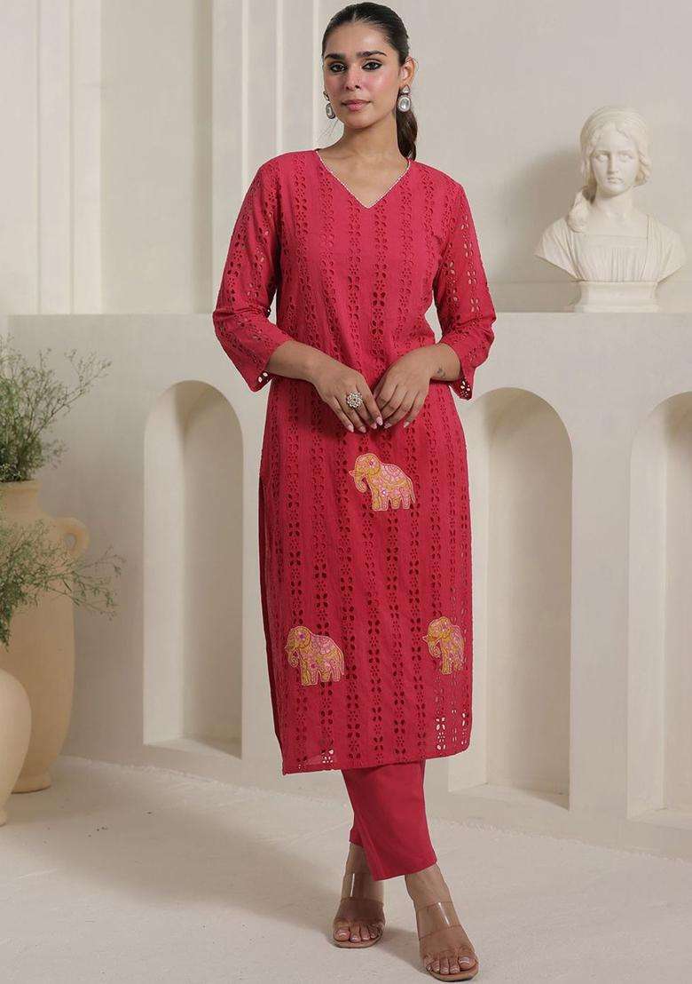 Pink Self Design Cotton Kurta Set - Indya